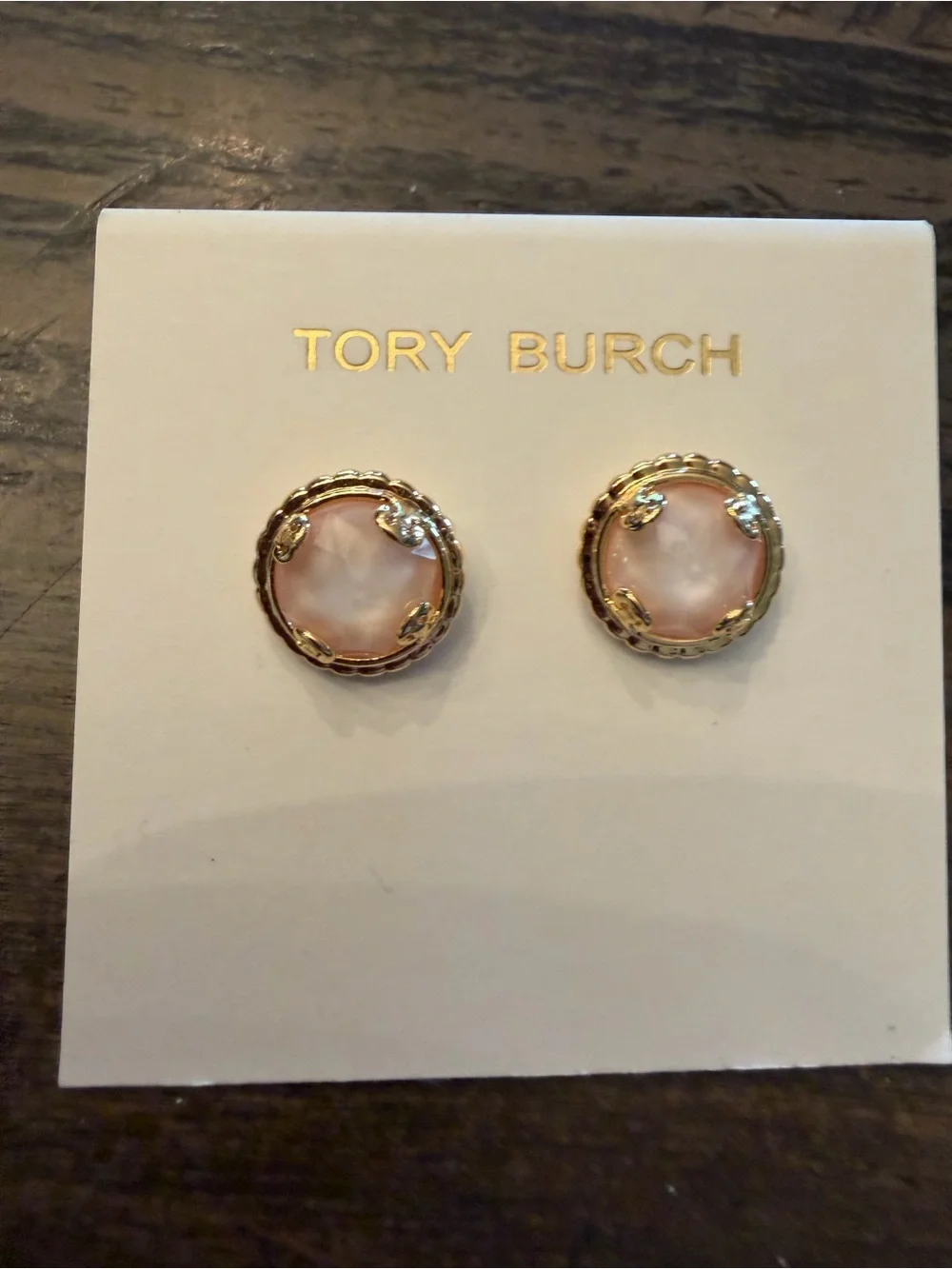 Tory Burch Pink Mother-of-Pearl Disc Stud Earrings with Gold-Tone Trim